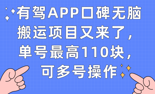 有驾APP口碑无脑搬运项目又来了，单号最高110块，可多号操作-一起发