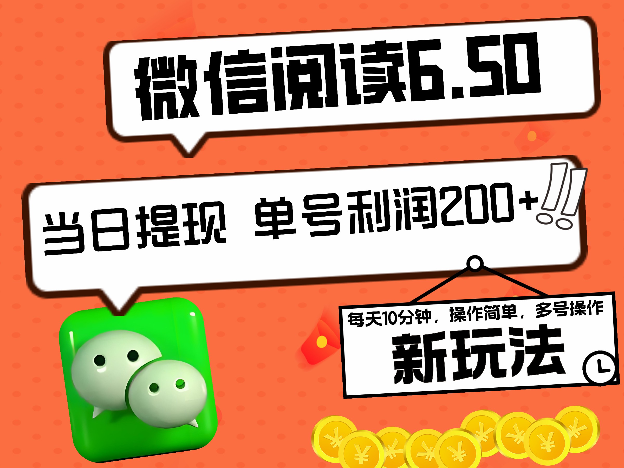 2024最新微信阅读6.50新玩法，5-10分钟 日利润200+，0成本当日提现，可矩阵多号操作-一起发