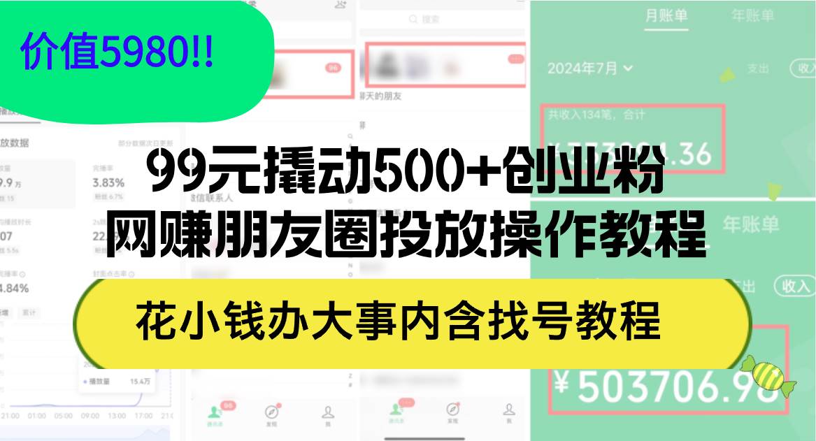 99元撬动500+创业粉，网赚朋友圈投放操作教程价值5980！花小钱办大事内...-一起发