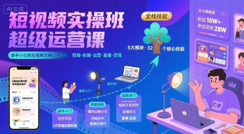 短视频实操班超级运营课,新手小白到短视频大神必修课程,剪辑-拍摄-运营-直播-变现-一起发