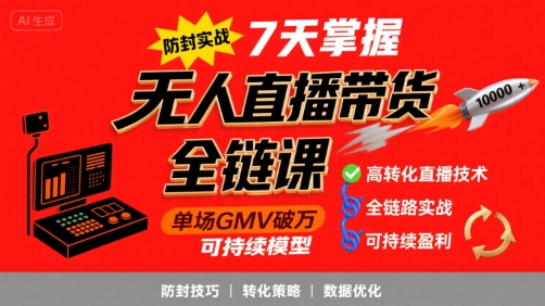 无人直播带货全链防封实战课,7天掌握高转化直播技术,实现单场GMV破万可持续模型-一起发