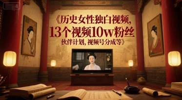 历史女性独白视频，13个视频10w粉丝，伙伴计划，视频号分成等-一起发