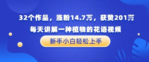 32个作品，涨粉14.7W，获赞201W，每天讲解一种植物的花语视频，无需任何技巧，新手小白轻松上手-一起发