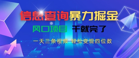 信息查询暴力掘金,一天三条视频,轻松变现四位数,风口项目干就完了【揭秘】-一起发