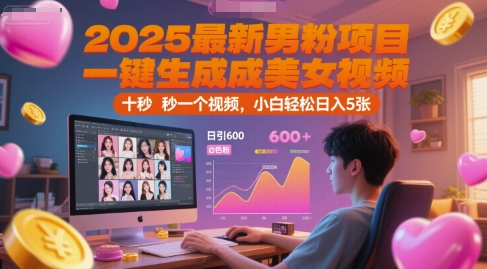 2025最新男粉项目，一键生成美女视频，日引600+色粉 十秒一个视频，小白轻松日入5张【揭秘】-一起发