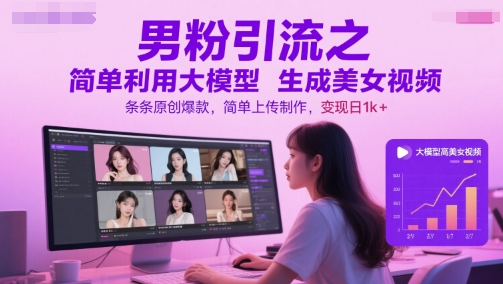 男粉引流之简单利用大模型生成美女视频，条条原创爆款，简单上传制作，变现日1k+-一起发