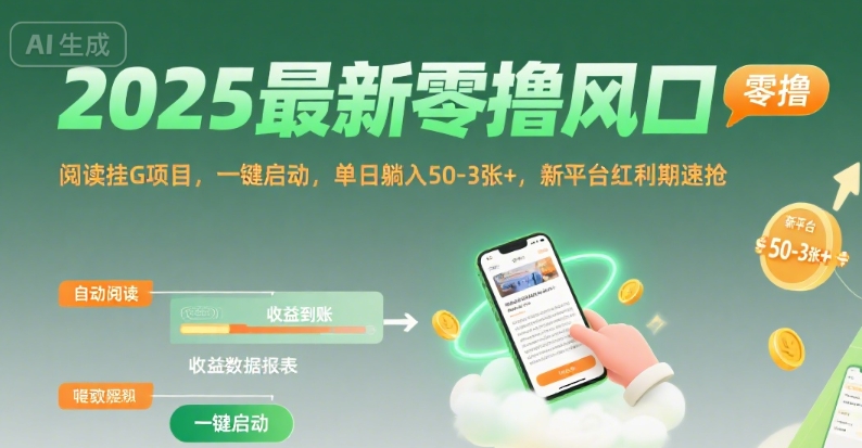 2025最新零撸风口，阅读挂G项目，一键启动，单日躺入 50-3张+，新平台红利期速抢【揭秘】-一起发