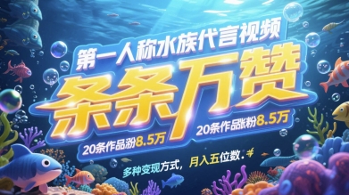 第一人称水族代言视频，条条万赞，20条作品涨粉7.8W，多种变现方式月入五位数-一起发