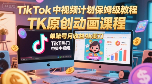 TikTok中视频计划保姆级教程，TK原创动画课程，单账号月收益4k美刀-一起发