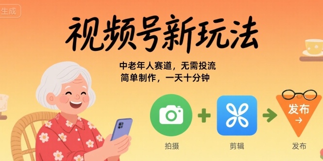 视频号新玩法,中老年人赛道,无需投流,简单制作,一天十分钟,月入1W-一起发