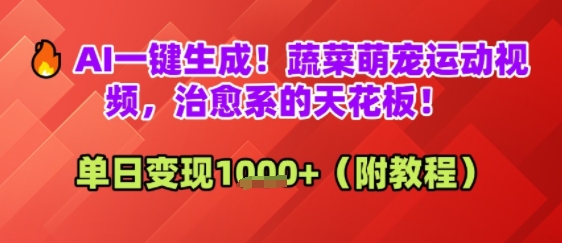 AI一键生成!蔬菜萌宠运动视频,治愈系的天花板!单日变现多张-一起发