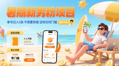 暑期新男粉项目 单号日入5张 不需要剪辑  没有任何门槛-一起发