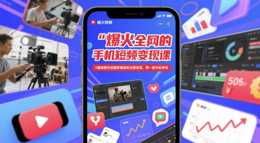 爆火全网的手机短视频变现课，0基础教你拍摄剪辑涨粉运营变现，用一部手机挣钱-一起发
