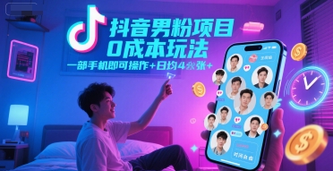 抖音男粉项目0成本玩法，一部手机即可操作，日均4张+，时间自由-一起发