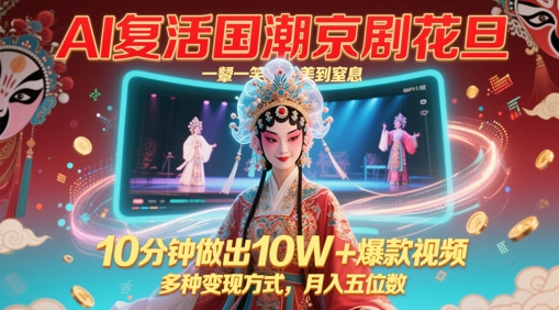 AI复活国潮京剧花旦，一颦一笑美到窒息，10分钟做出10W+爆款视频，多种变现方式，月入五位数-一起发